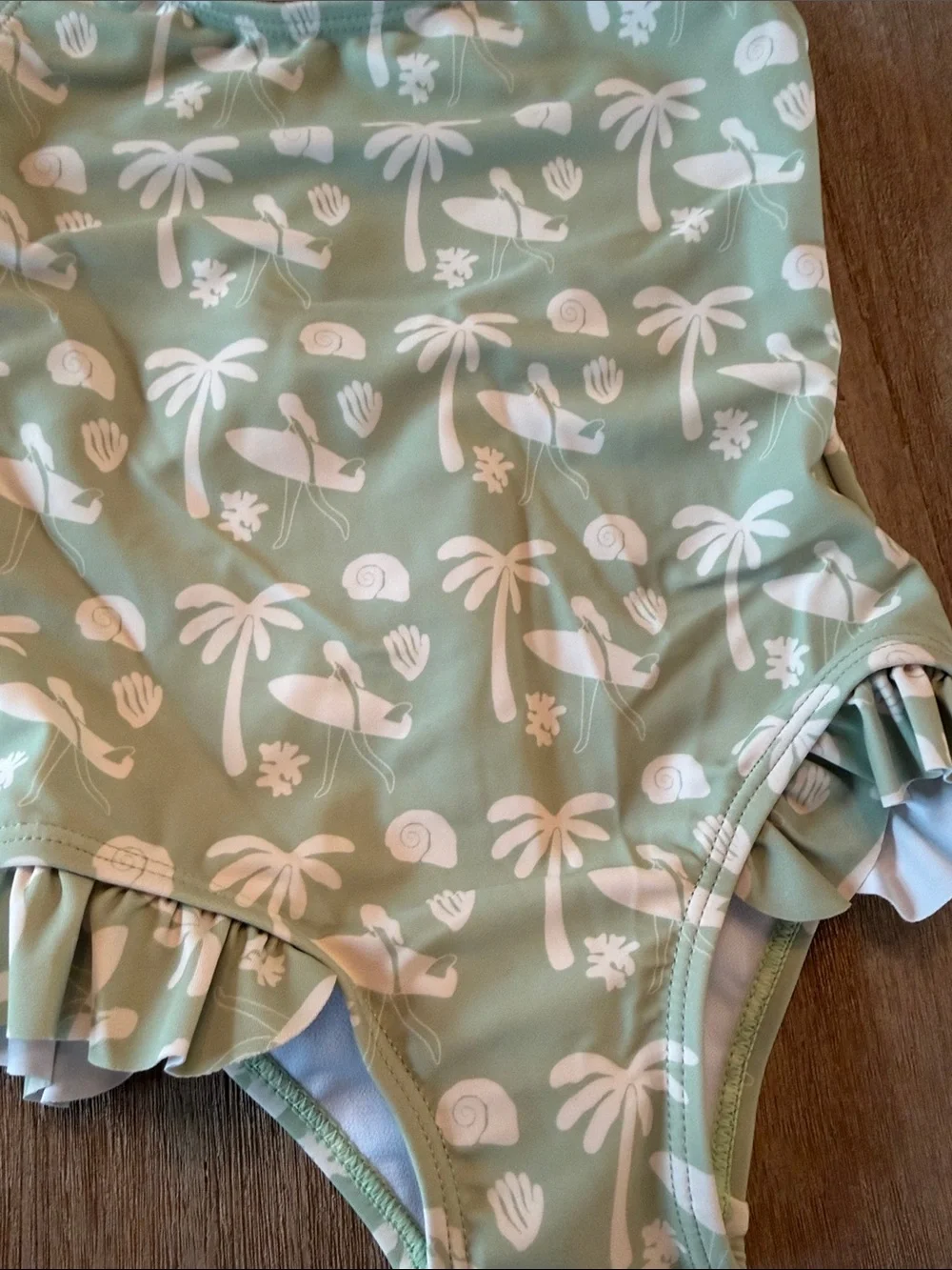 Girls' Mint Green Palm-Print One-Piece Swimsuit with Ruffle Trim